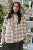 Agnes Plaid Brushed Cotton Neckerchief Blouse Camel